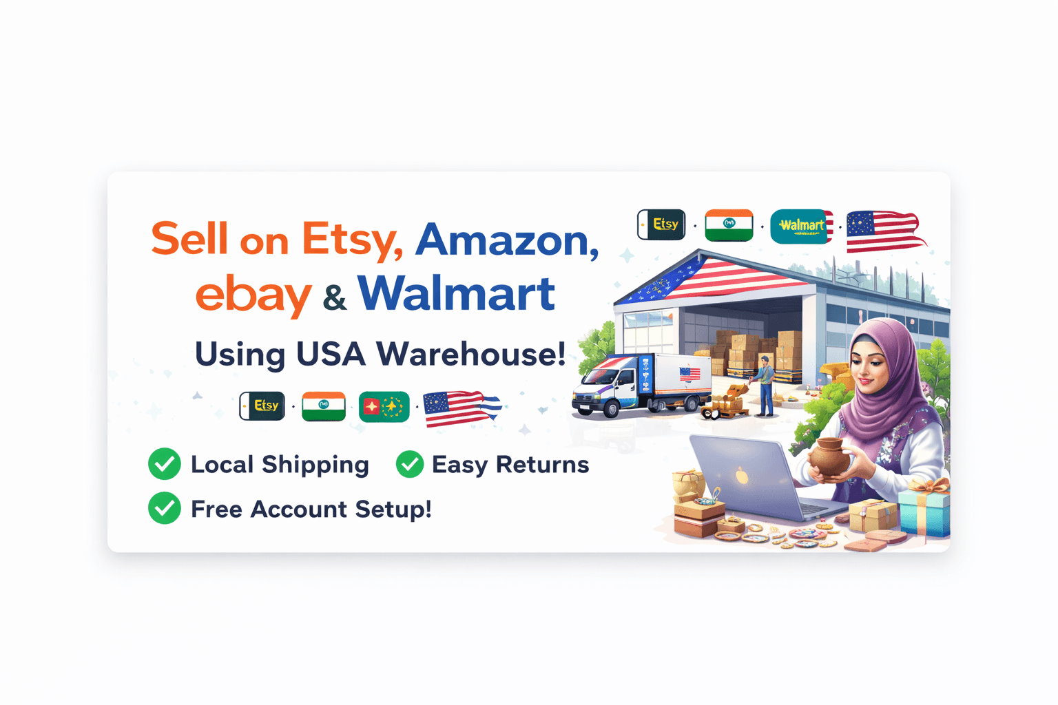 Sell on Etsy Amazon eBay and Walmart using USA warehouse for international sellers