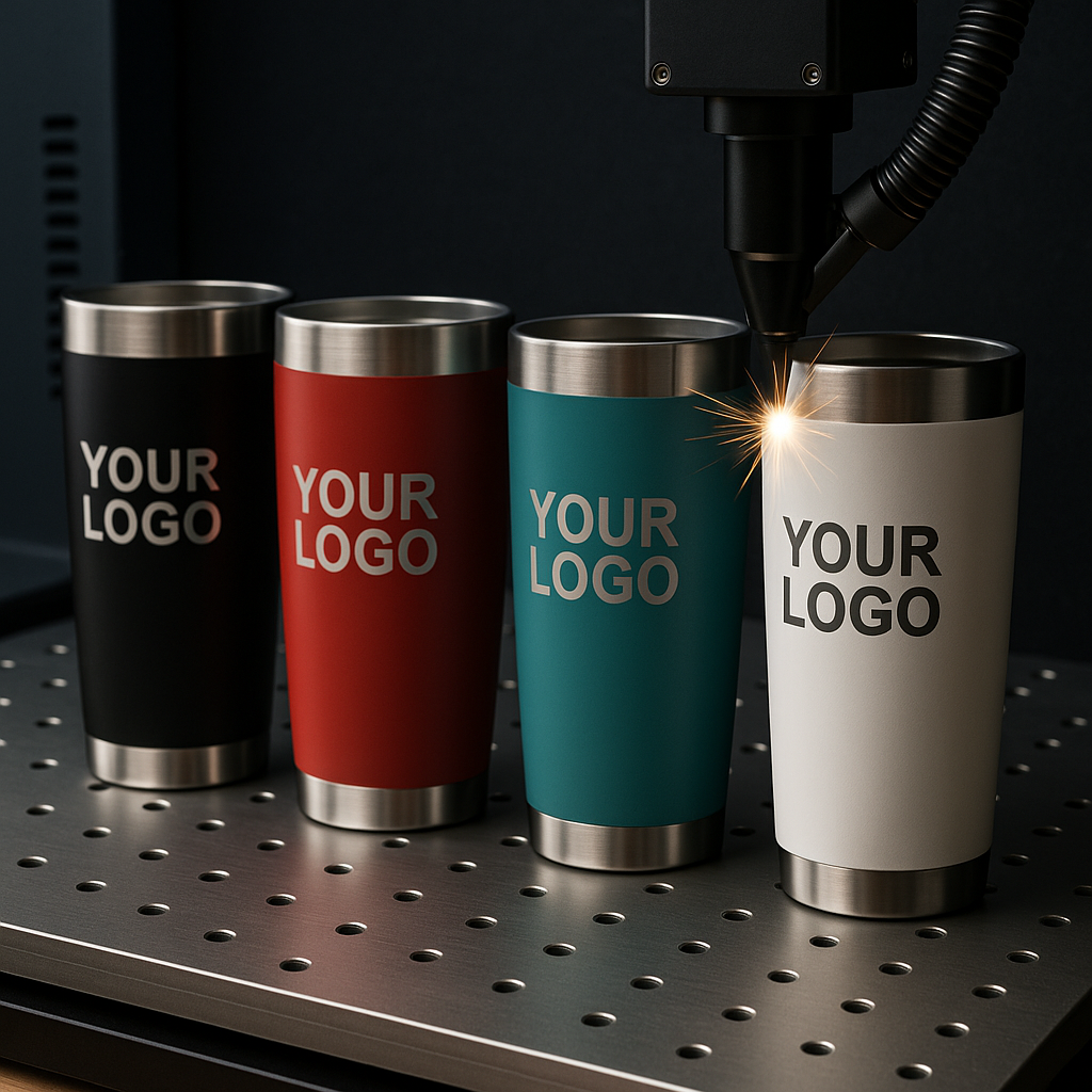 Custom engraved tumblers USA - four tumblers showcasing your logo being engraved.