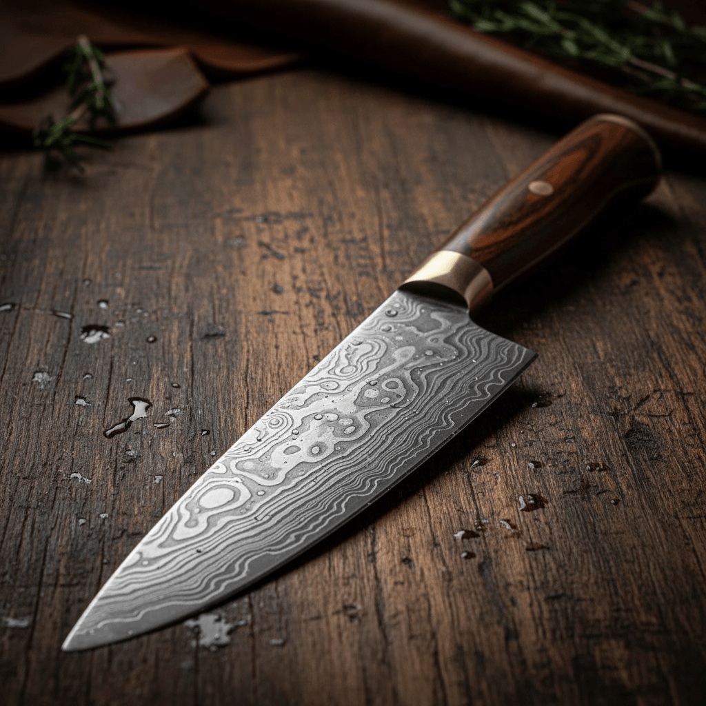 Damascus steel knife buying guide- Handcrafted Damascus steel chef knife with distinctive layered pattern on rustic wood surface