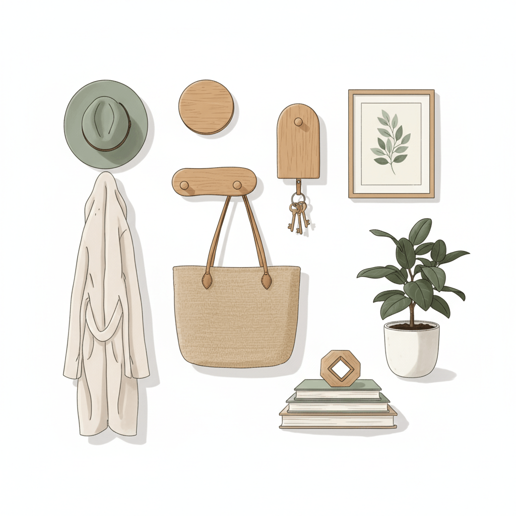 best wooden wall hooks for home decor with stylish accessories and a plant arrangement.