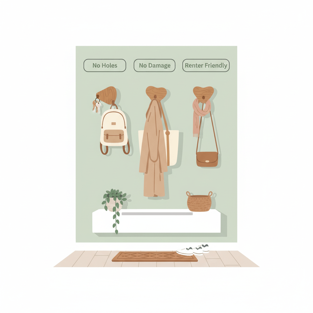 wall decor ideas rental apartment decorated without drilling holes using adhesive wooden wall hooks – renter-friendly no-damage decor ideas 2025