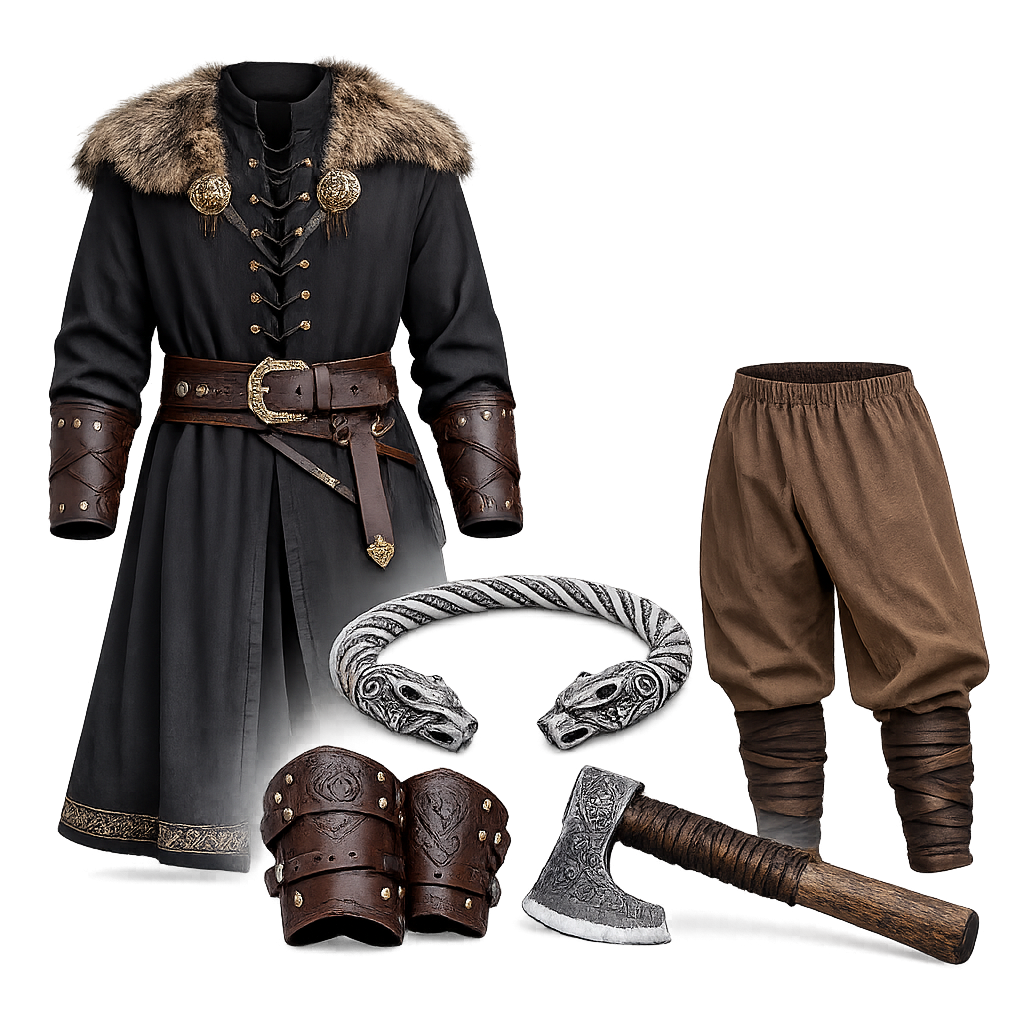 Authentic medieval viking wear collection featuring coat, pants, bracers, axe, and jewelry.