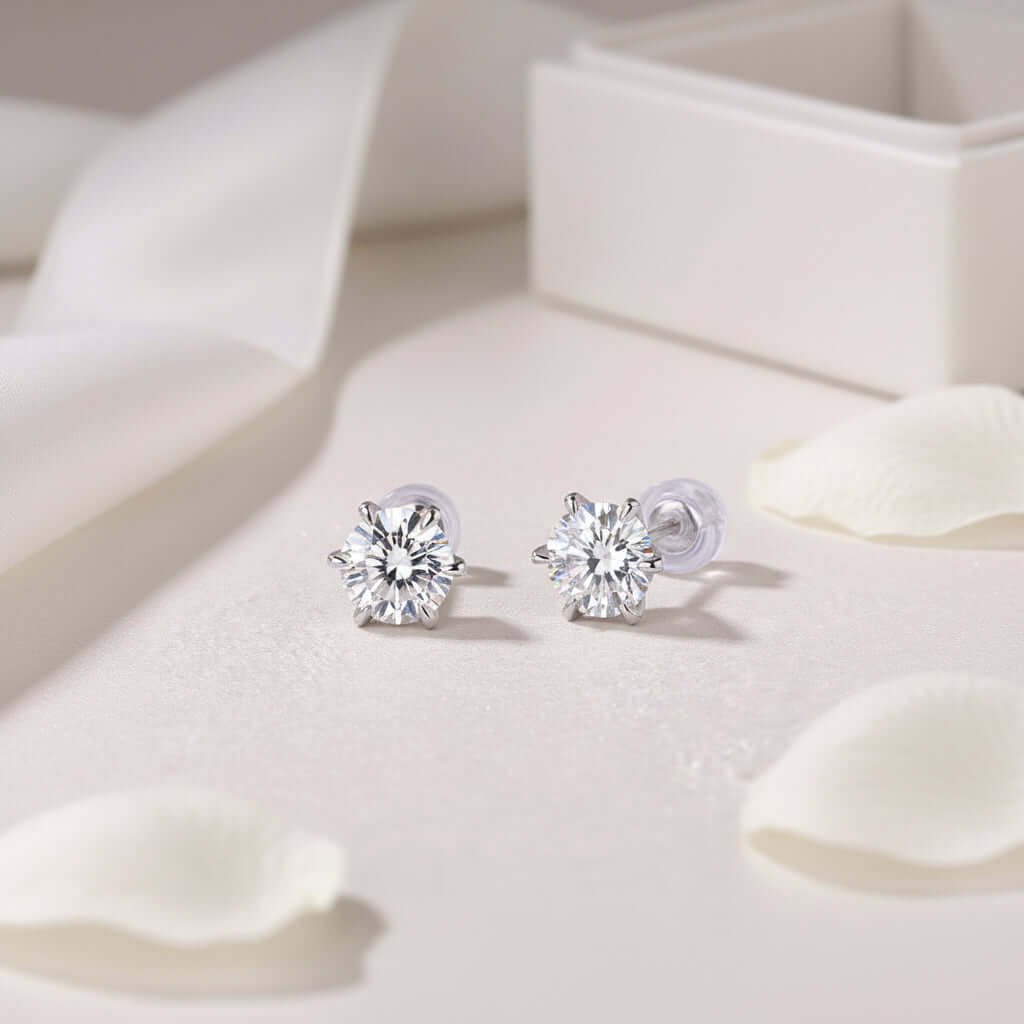 1 Carat Moissanite Stud Earrings – S925 Sterling Silver Six-Prong - Hadi Craft