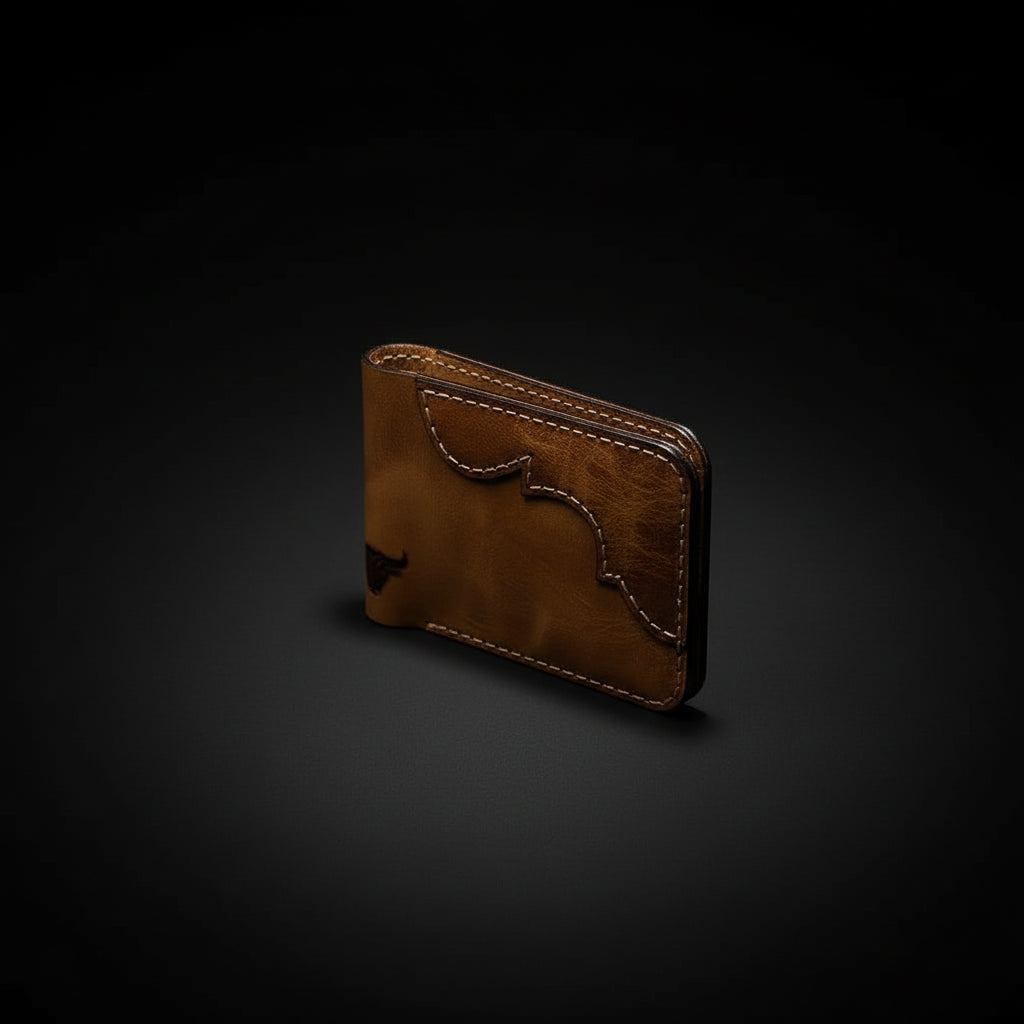 Handmade tan leather bifold wallet with stitched edges on black background, premium minimalist men’s wallet by Hadi Craft USA