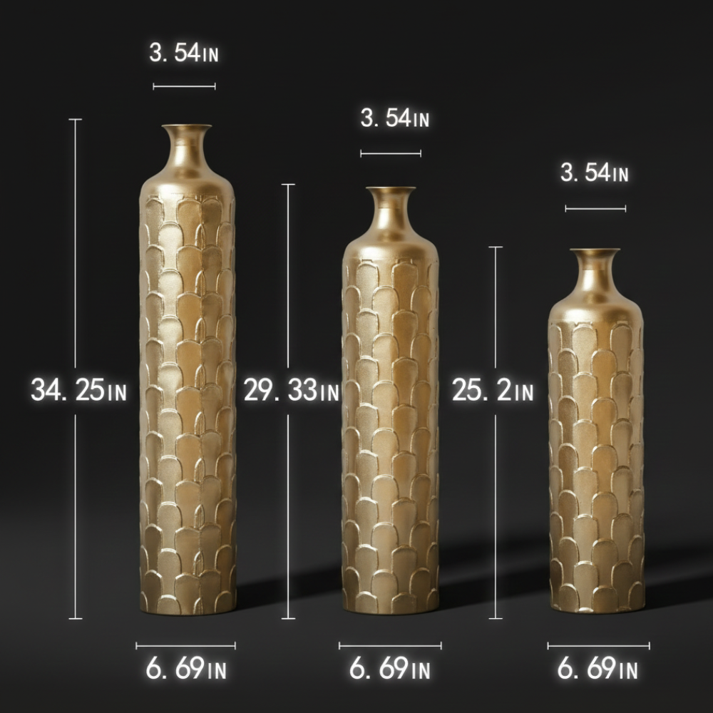 Set of 3 Glazed Metal Floor Vases Tall Modern Decorative Vase Set for Living Room, Entryway & Corner Decor