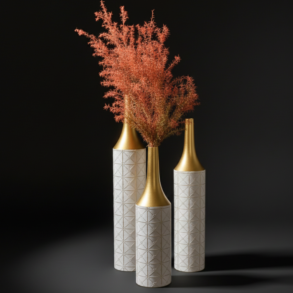 Set of 3 Glazed Metal Floor Vases – Elegant Tall Decorative Vase Set for Living Room, Entryway