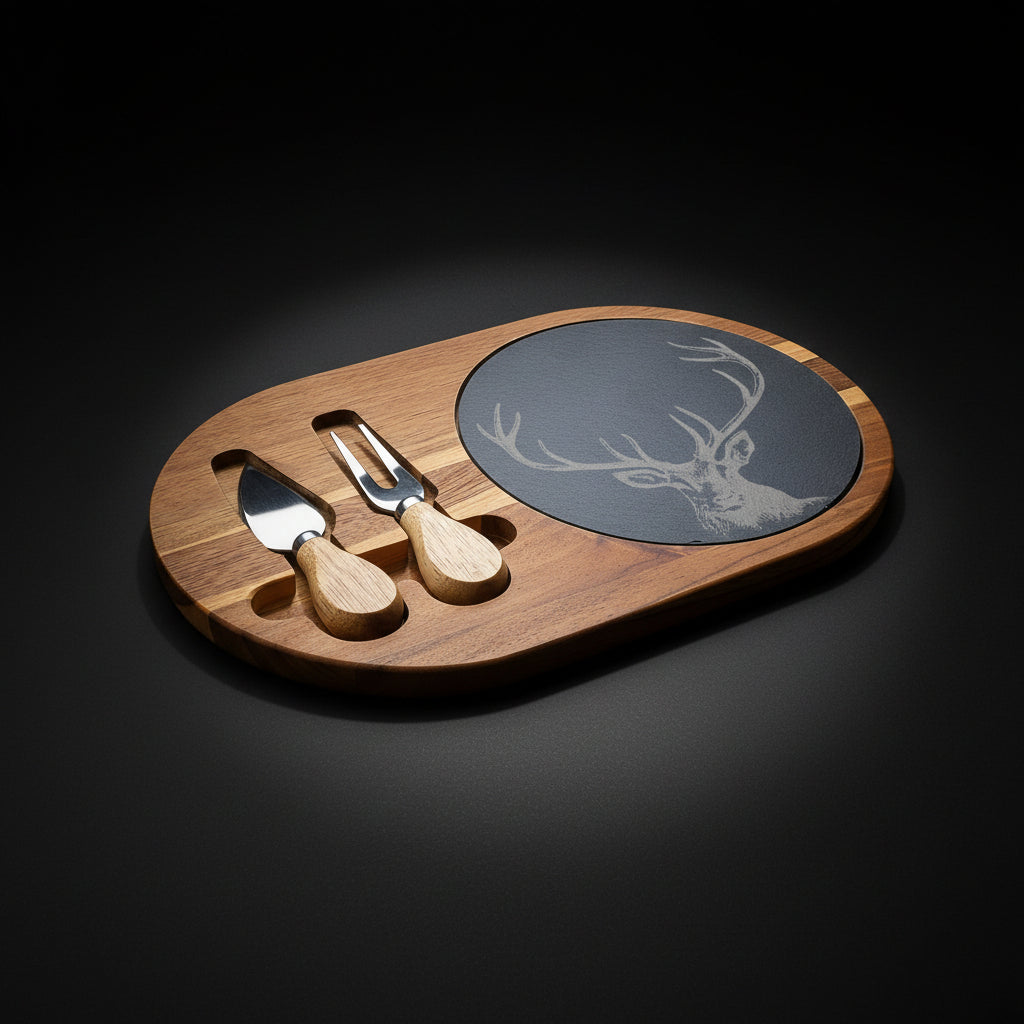 Engraved Deer Charcuterie Board with Slate – Acacia Wood Cheese Board with Knives | Rustic Serving Board (Multiple Styles)