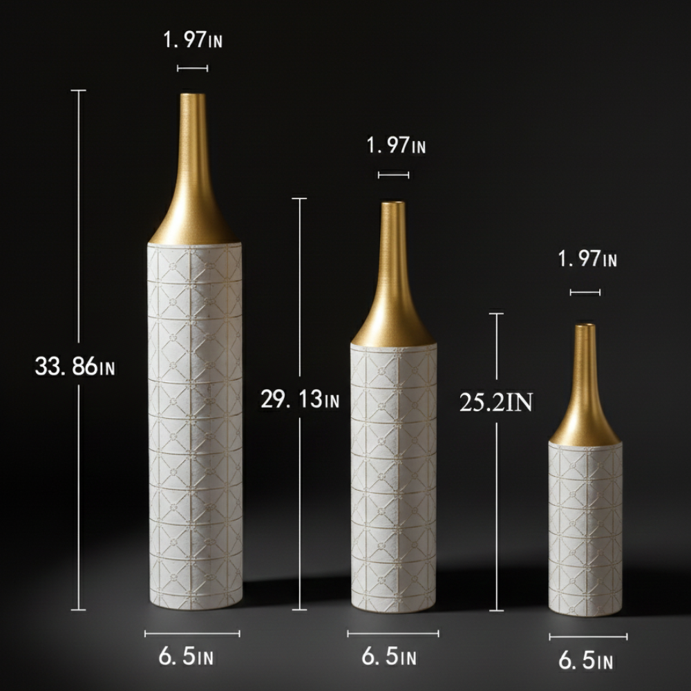 Set of 3 Glazed Metal Floor Vases – Elegant Tall Decorative Vase Set for Living Room, Entryway