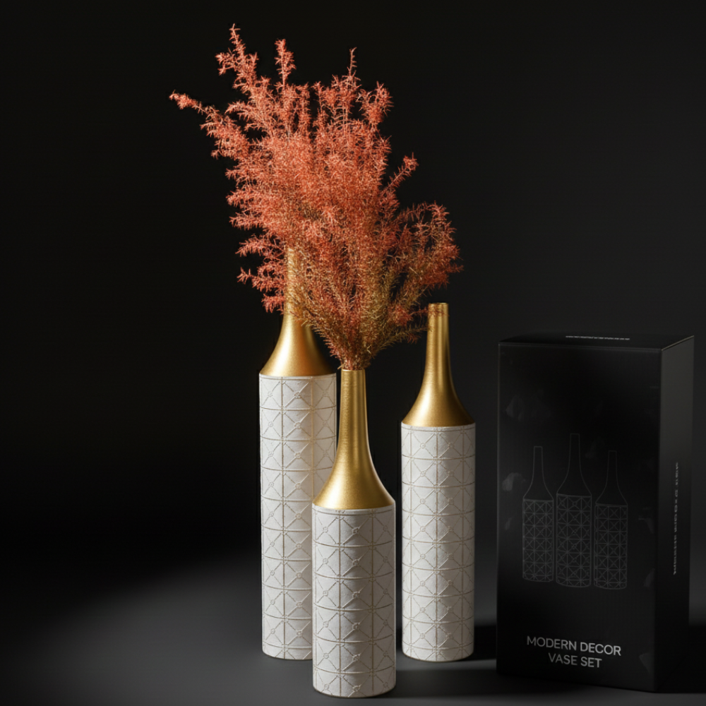 Set of 3 Glazed Metal Floor Vases – Elegant Tall Decorative Vase Set for Living Room, Entryway