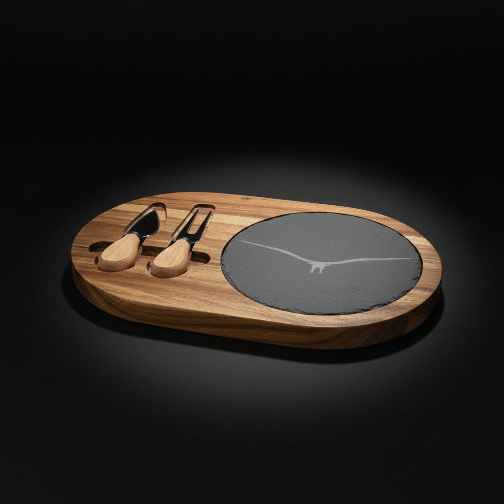 Acacia Wood Charcuterie Board with Engraved Slate Inlay & Cheese Tools – Soaring Bird Design