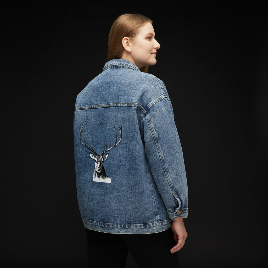 Women’s Jean Jacket with Rustic Stag Back Print — Vintage Stag Deer Graphic Back