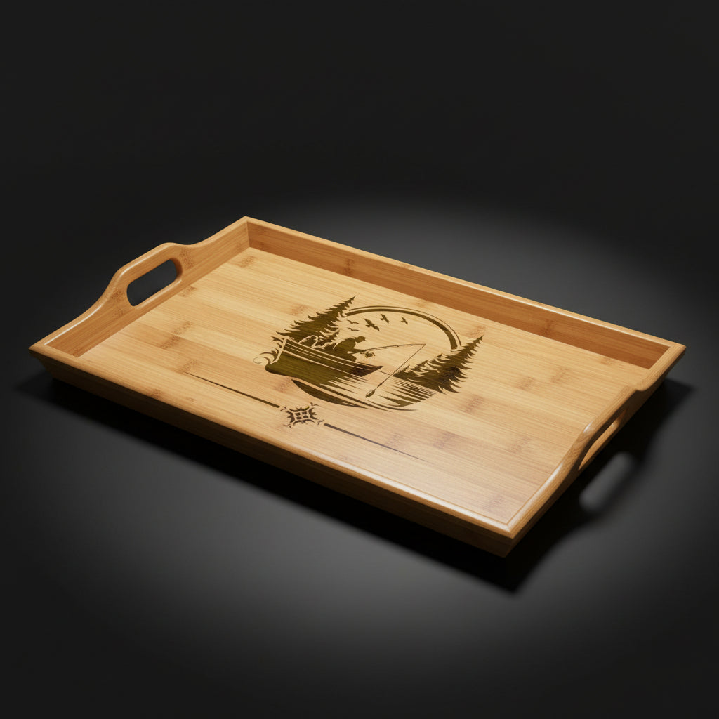 Engraved Bamboo Serving Tray with Handles – Lake Fishing Scene