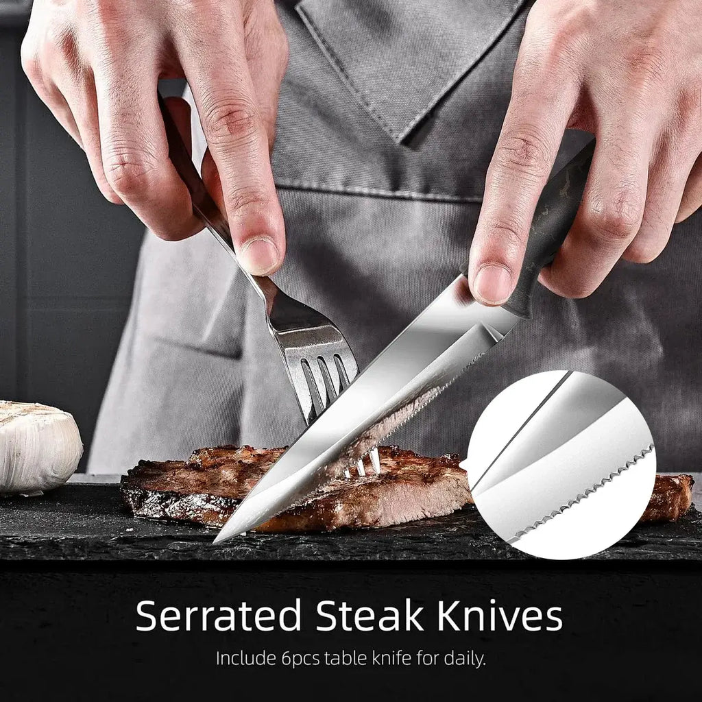 13-Piece Stainless Steel Steak Knife Set with Marble-Pattern Handles - Hadi Craft