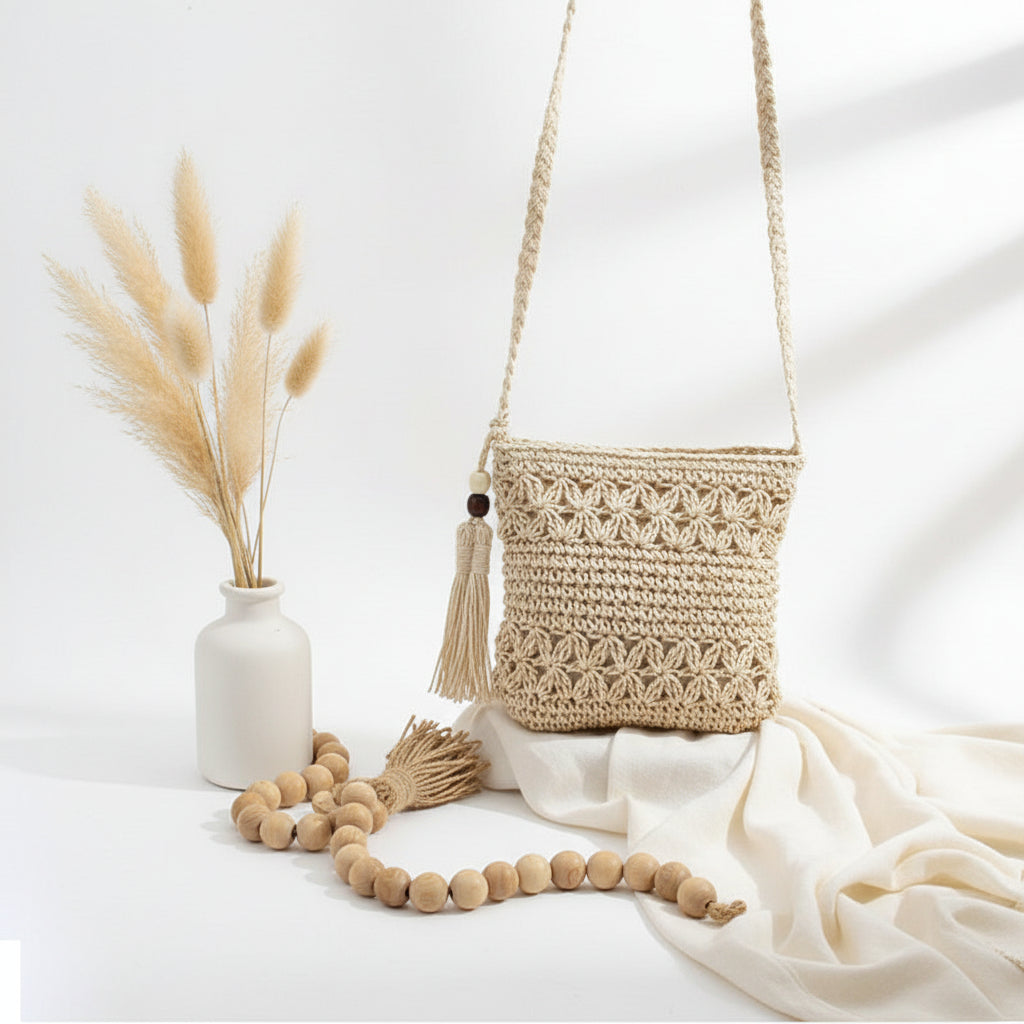 Bead Tassel Straw Bag Hollow Out Cutout Floral Crossbody Bag