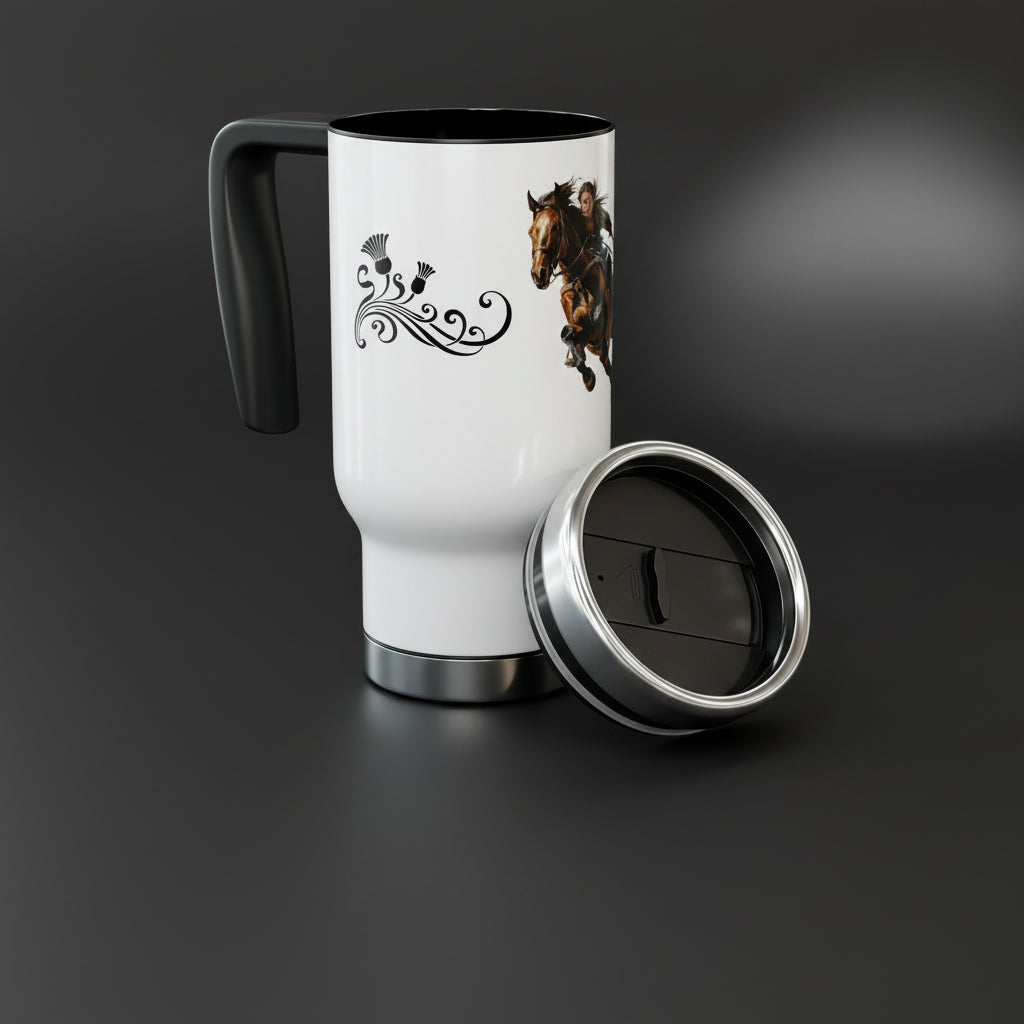 White travel mug with black handle and lid, featuring a graphic of a person riding a horse on a black background. hadi craft usa