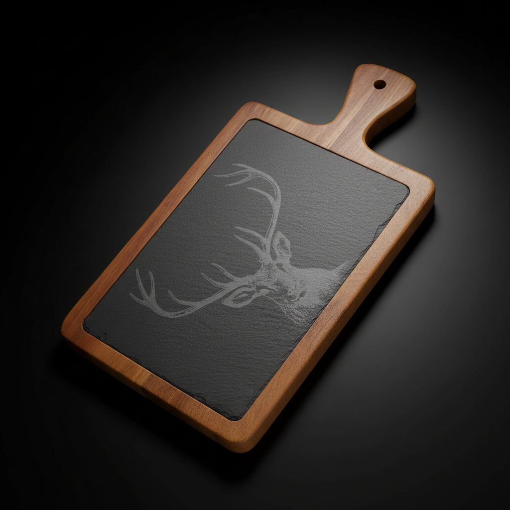 Engraved Deer Charcuterie Board with Slate – Acacia Wood Cheese Board with Knives | Rustic Serving Board (Multiple Styles)