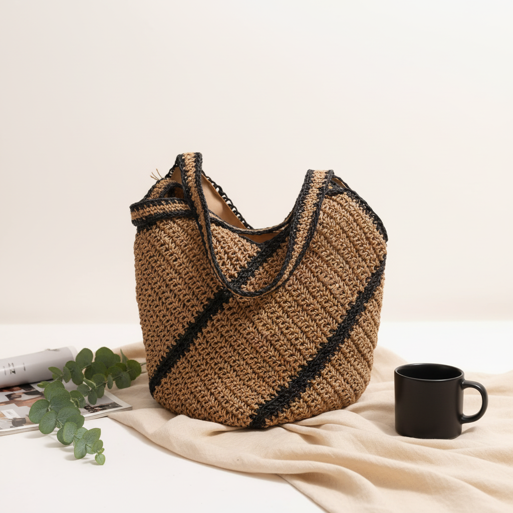 Geometric Abstract Shoulder Straw Bag Color Contrast Large Capacity Straw Bag