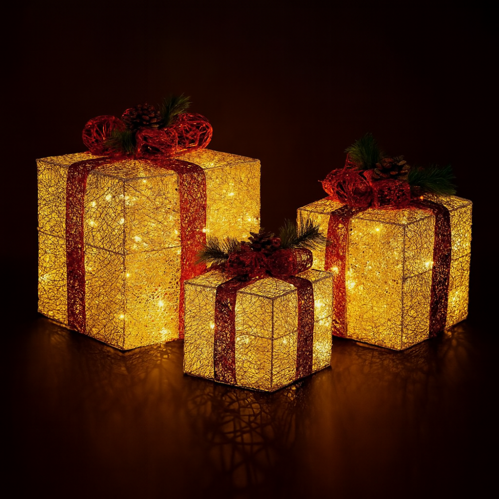 3pcs Lighted Christmas Gift Boxes Set  10" 8" 6" Golden LED Present Decorations with US Plug