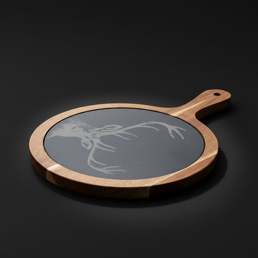 Engraved Deer Charcuterie Board with Slate – Acacia Wood Cheese Board with Knives | Rustic Serving Board (Multiple Styles)