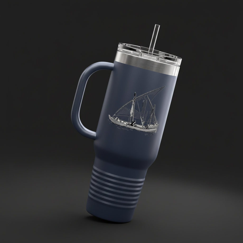 40oz Insulated Travel Mug with Handle – Stainless Steel Tumbler with Classic Sailing Dhow Design