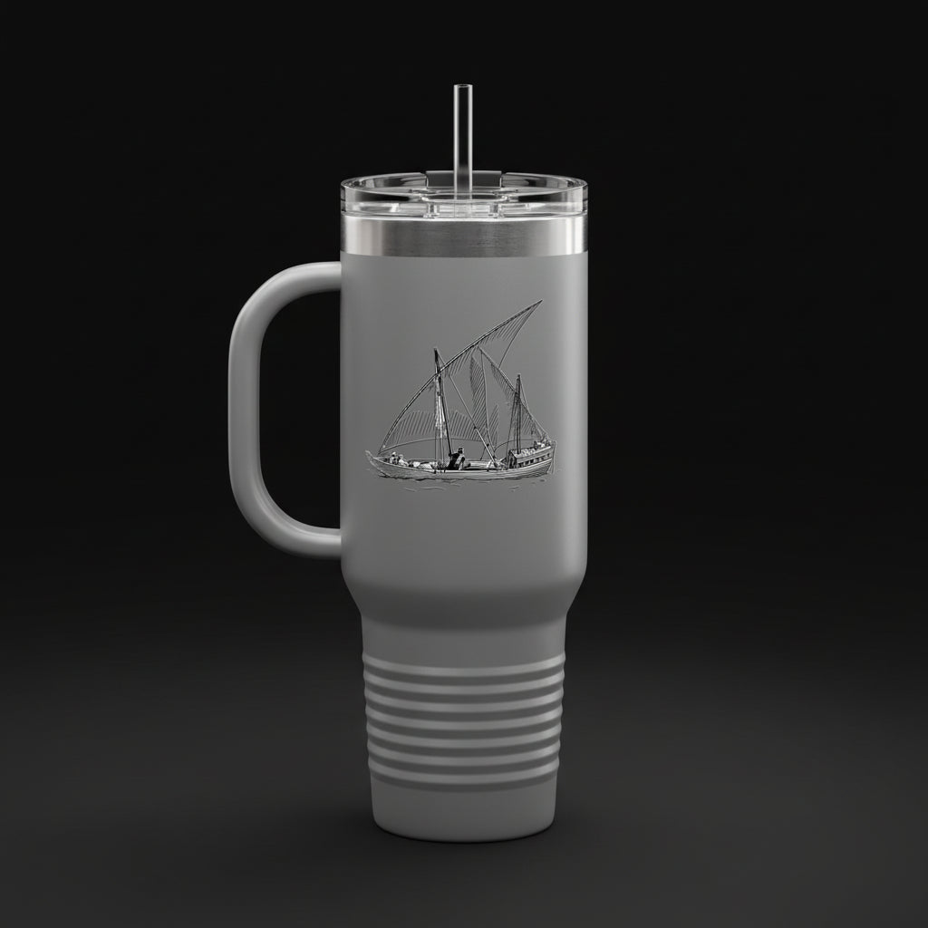 40oz Insulated Travel Mug with Handle – Stainless Steel Tumbler with Classic Sailing Dhow Design