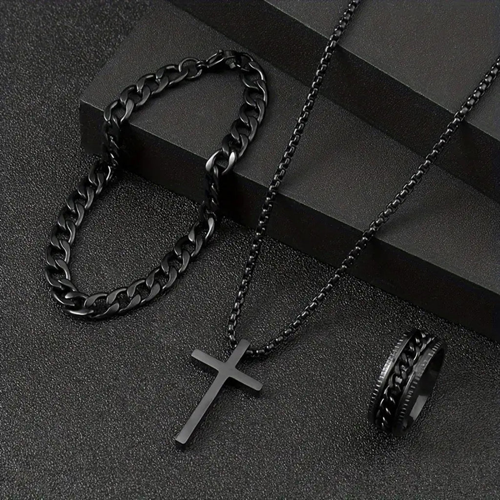 Men’s Cross Jewelry Set – Black Necklace Ring Bracelet Fashion Accessories Gift Set