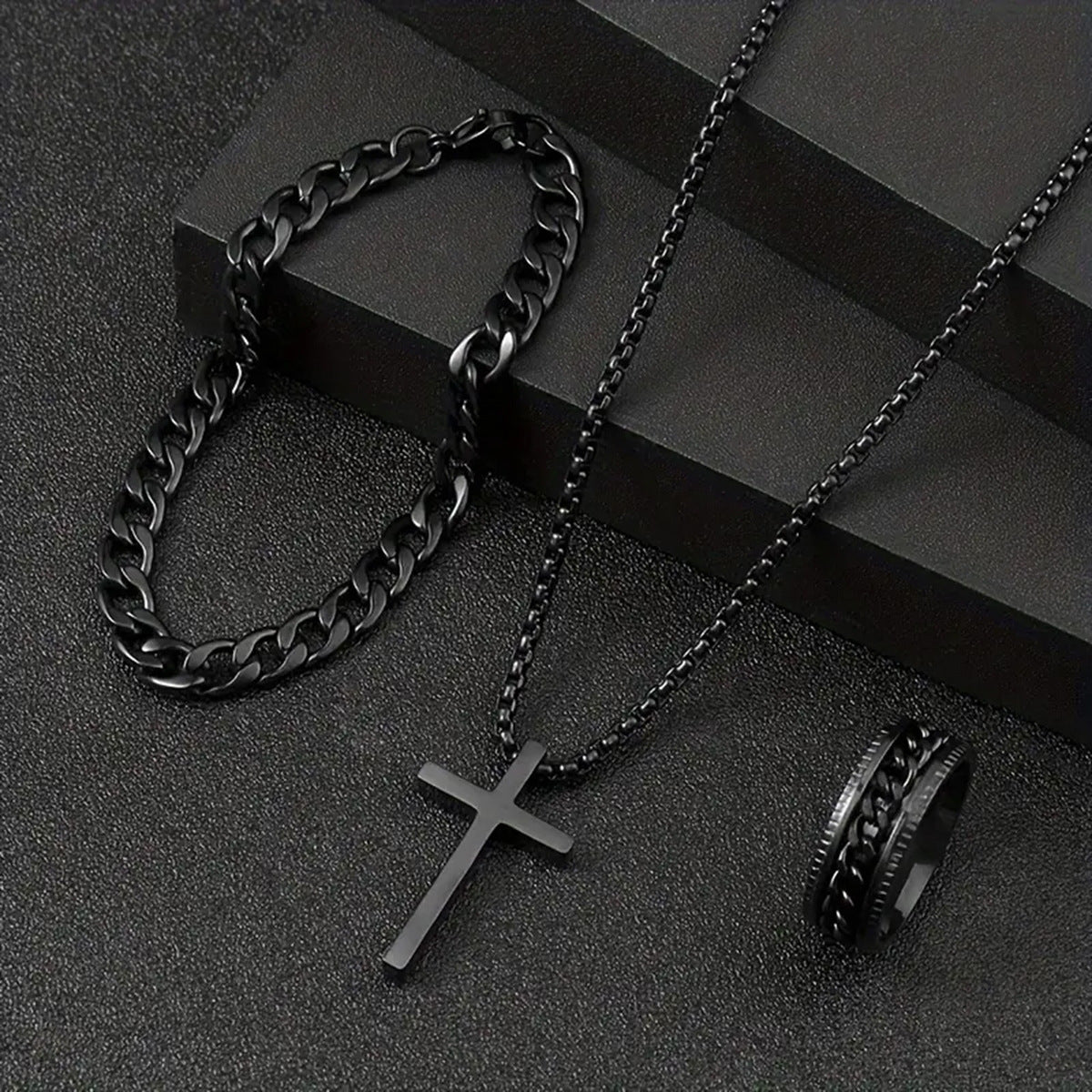 Men’s Cross Jewelry Set – Black Necklace Ring Bracelet Fashion Accessories Gift Set