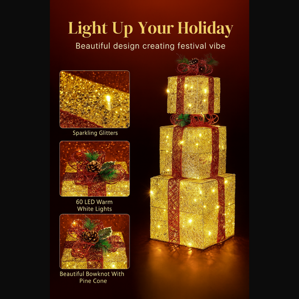 3pcs Lighted Christmas Gift Boxes Set  10" 8" 6" Golden LED Present Decorations with US Plug
