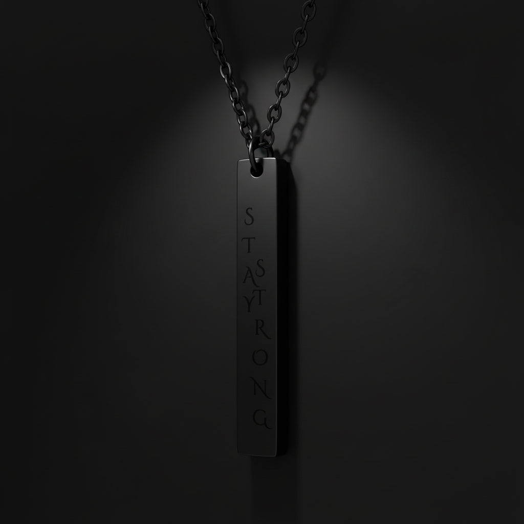 Black necklace with a pendant that says 'STAY STRONG' on a white background Hadi Craft USA