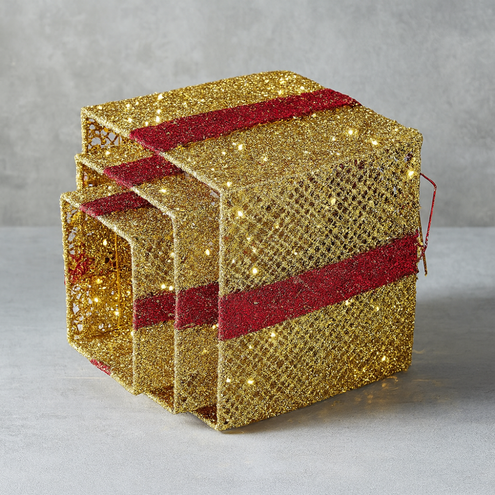 3pcs Lighted Christmas Gift Boxes Set  10" 8" 6" Golden LED Present Decorations with US Plug