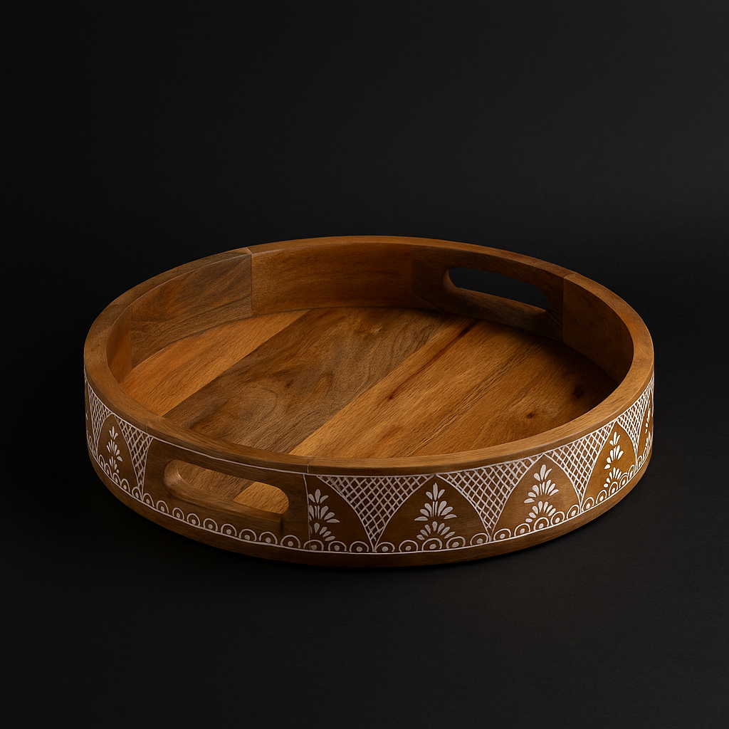 Luxury Nested Wooden Serving Tray Set – 3-Piece Bone Inlay & Stainless Steel Trays