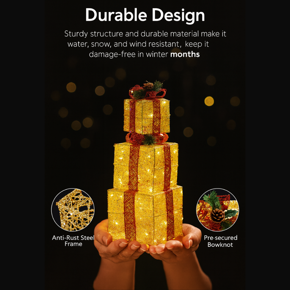 3pcs Lighted Christmas Gift Boxes Set  10" 8" 6" Golden LED Present Decorations with US Plug