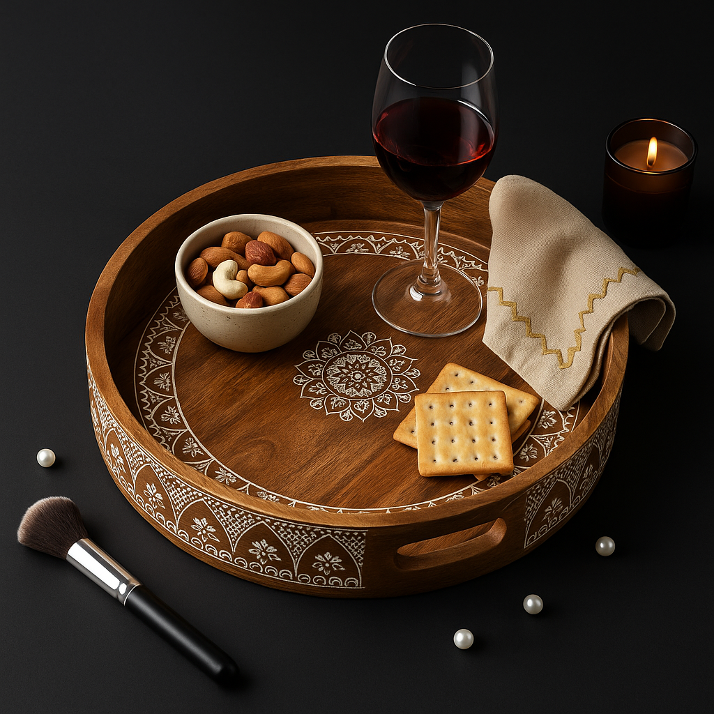 Luxury Nested Wooden Serving Tray Set – 3-Piece Bone Inlay & Stainless Steel Trays