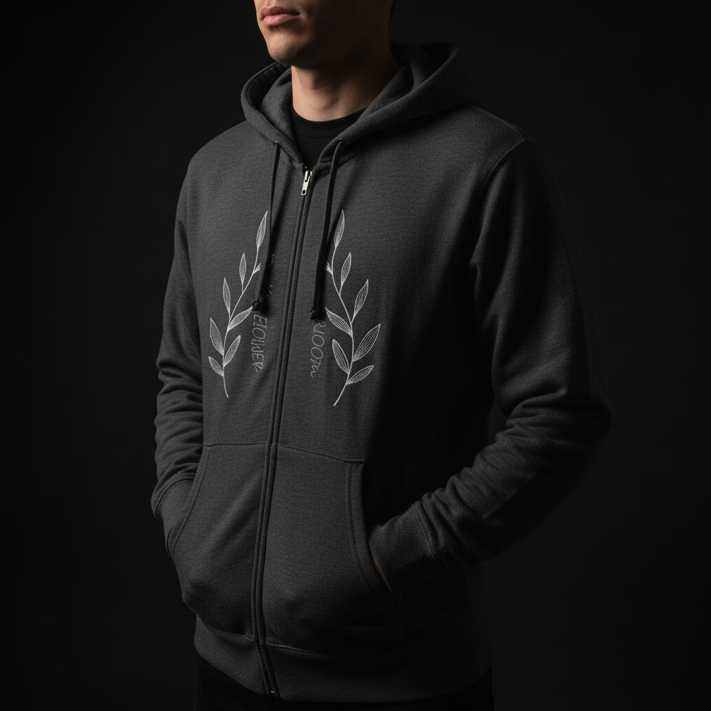 Laurel Branch Zip-Up Hoodie — Minimal Botanical Green Fleece Hoodie