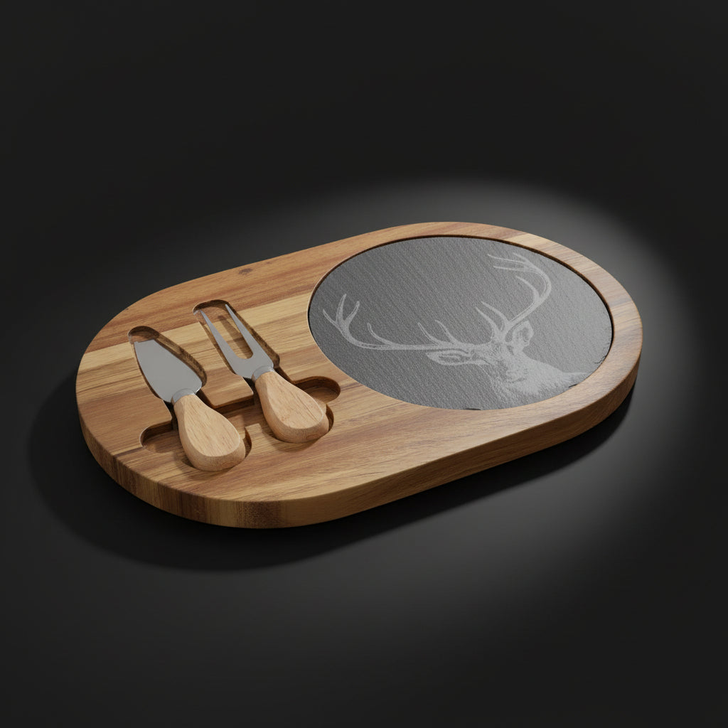 Engraved Deer Charcuterie Board with Slate – Acacia Wood Cheese Board with Knives | Rustic Serving Board (Multiple Styles)