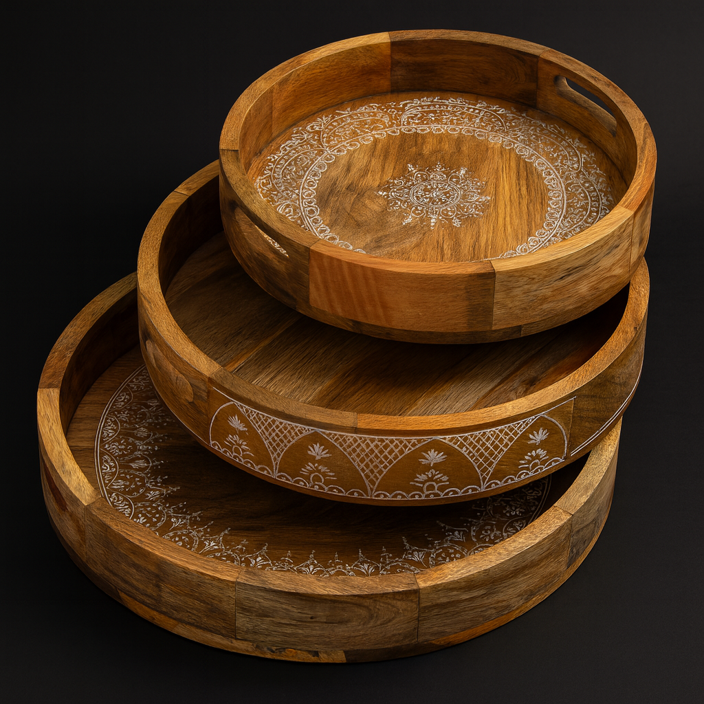 Luxury Nested Wooden Serving Tray Set – 3-Piece Bone Inlay & Stainless Steel Trays