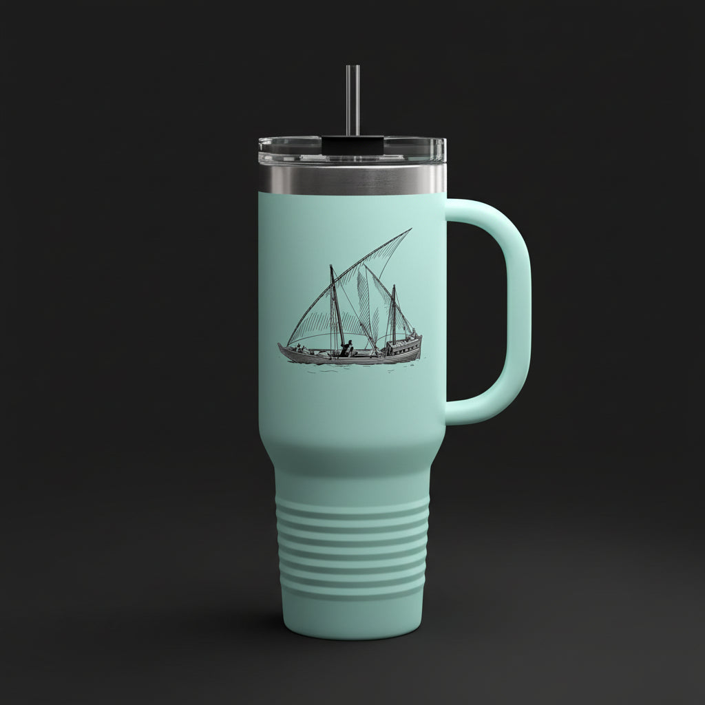 40oz Insulated Travel Mug with Handle – Stainless Steel Tumbler with Classic Sailing Dhow Design