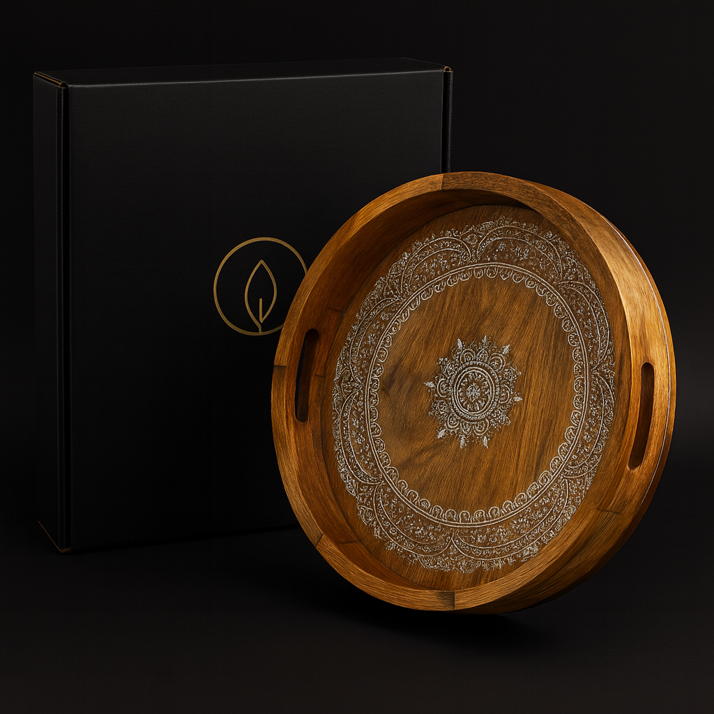 Luxury Nested Wooden Serving Tray Set – 3-Piece Bone Inlay & Stainless Steel Trays