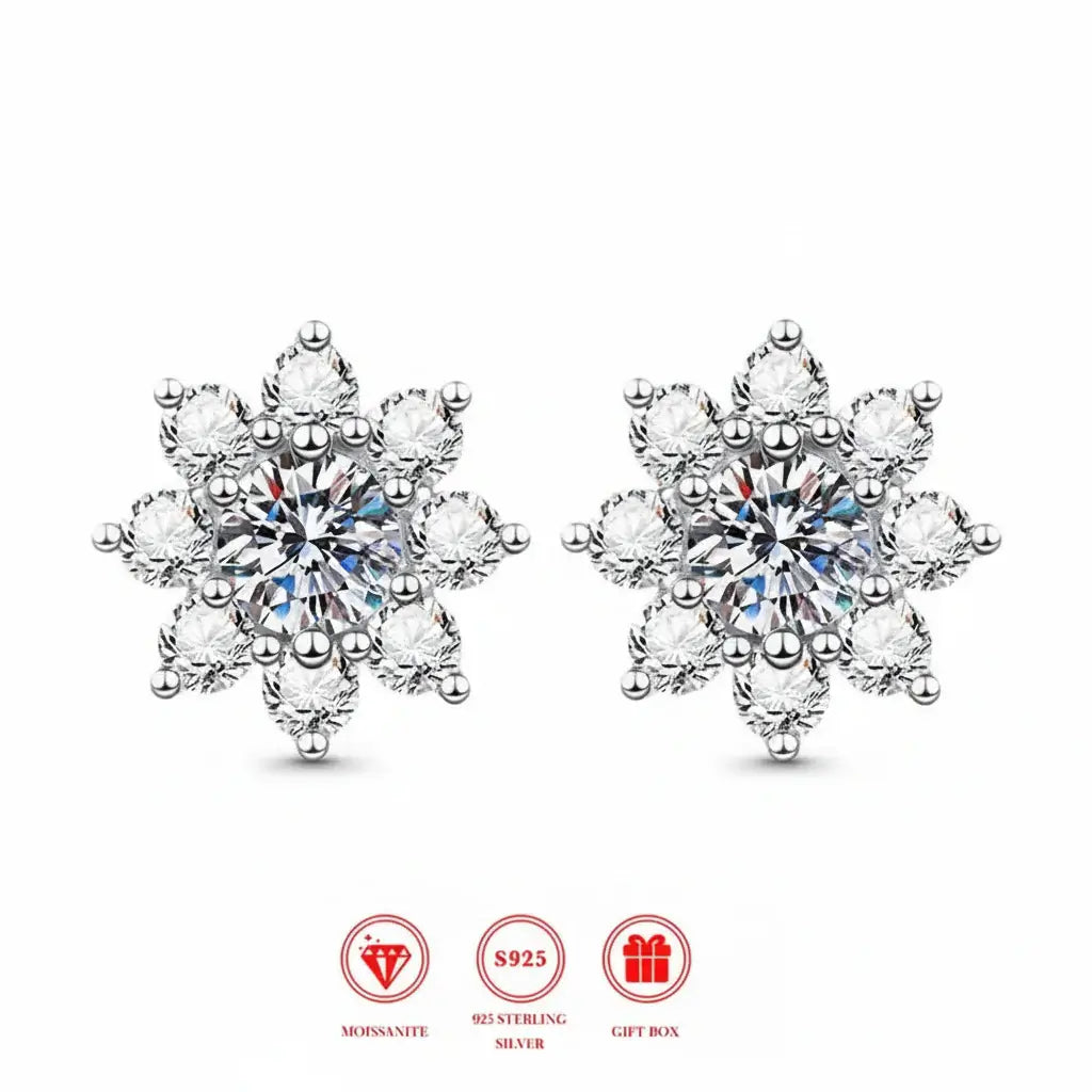 1CT Moissanite Snowflake Sunflower Earrings 925 Silver – Cute Star Floral Studs Gift for Women - Hadi Craft