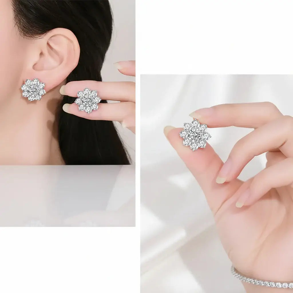 1CT Moissanite Snowflake Sunflower Earrings 925 Silver – Cute Star Floral Studs Gift for Women - Hadi Craft