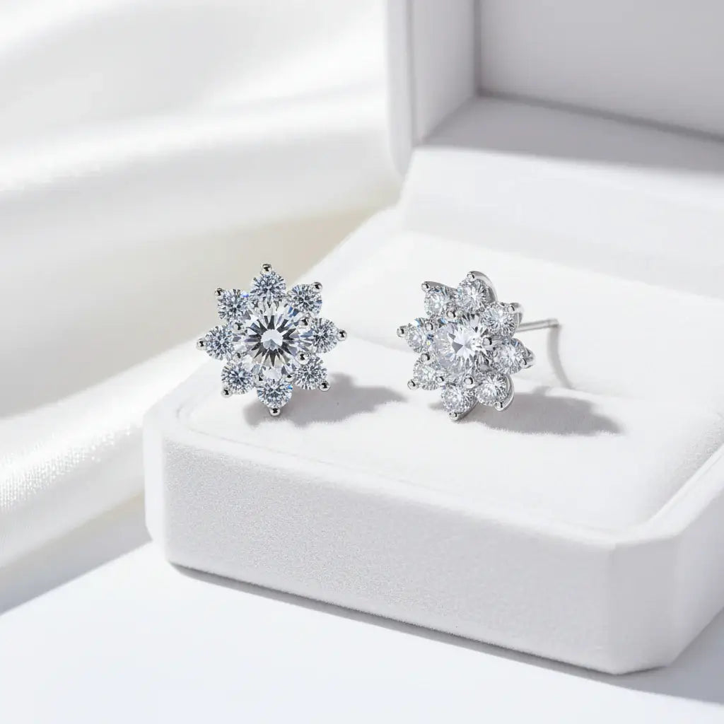 1CT Moissanite Snowflake Sunflower Earrings 925 Silver – Cute Star Floral Studs Gift for Women - Hadi Craft
