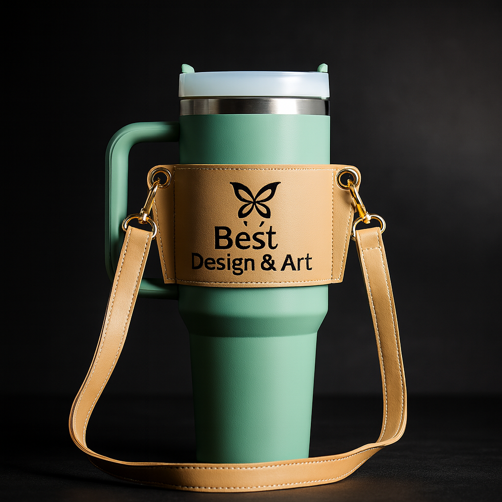 Personalized Leather Carrier for 40oz Stanley Tumbler with Adjustable Strap