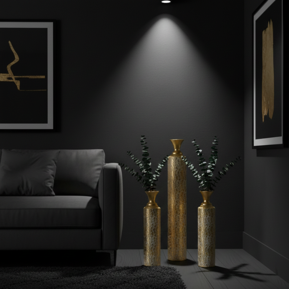 Set of 3 Gold & White Metal Floor Vases Distressed Vine Pattern Tall Decorative Cylinder Vase Set for Living Room