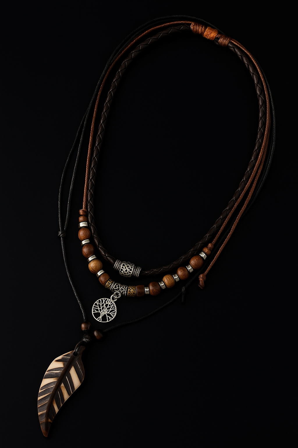 Handmade Feather Pendant Necklace – Boho Layered Leather Cord Necklace
