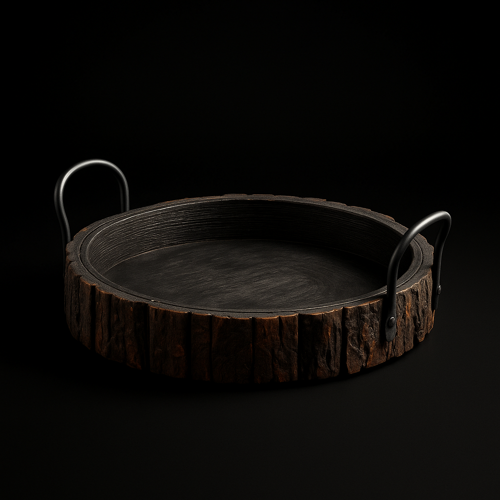 Handmade Mango Wood Round Serving Tray with Black Metal Handles