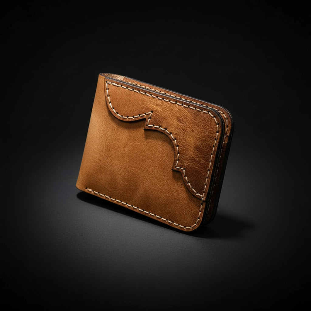 Handmade tan leather bifold wallet with stitched edges on black background, premium minimalist men’s wallet by Hadi Craft USA