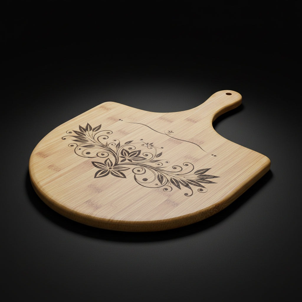 Engraved Bamboo Pizza Peel – Floral Mandala Serving Board