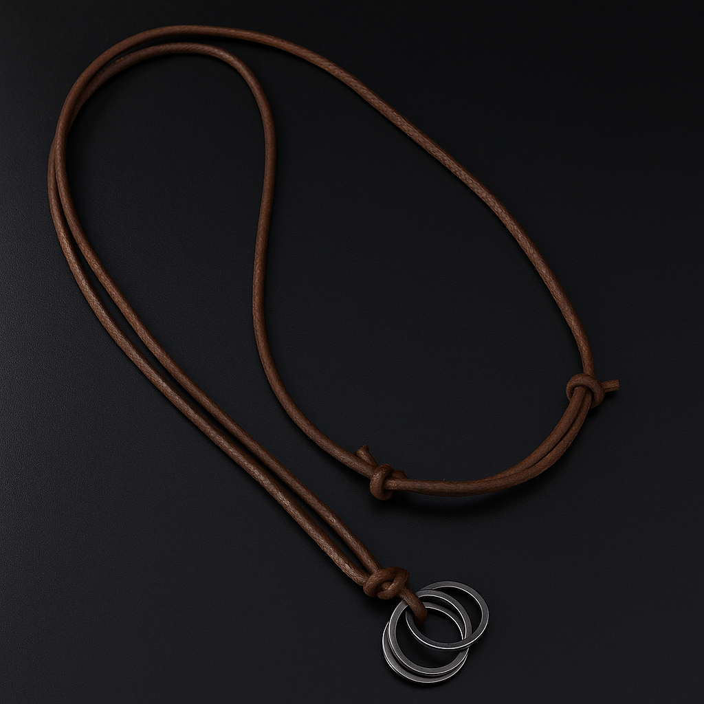Handcrafted Leather Cord Necklace Minimalist Brown Rope Necklace with Interlocking Metal Rings
