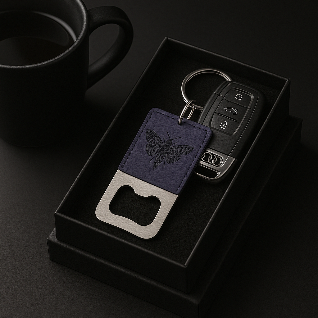 Blue Leather Keychain with Bottle opener customize laser engraving -  Keychain