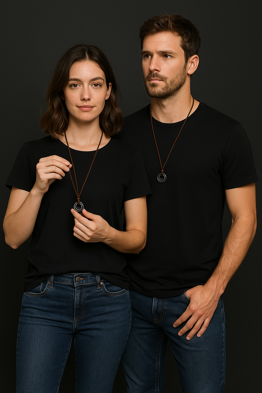 Handcrafted Leather Cord Necklace Minimalist Brown Rope Necklace with Interlocking Metal Rings